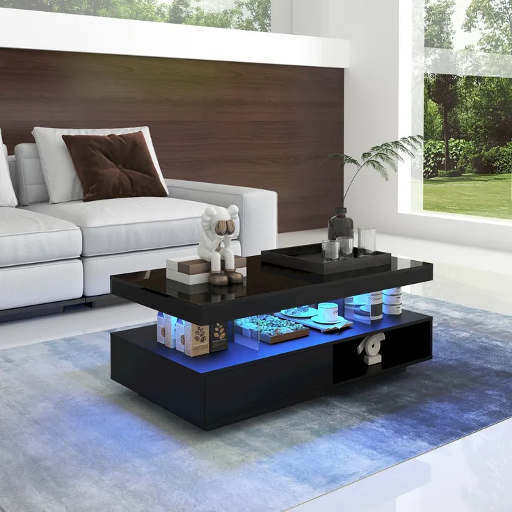 U-life Hochglanz-Couchtisch x42 95x50 cm, fürs Wohnzimmer, GLASEINSÄTZE, OFFENE FÄCHER, ROBUSTE MATERIALIEN, EINFACHE MONTAGE, Spanplatte, Schwarz