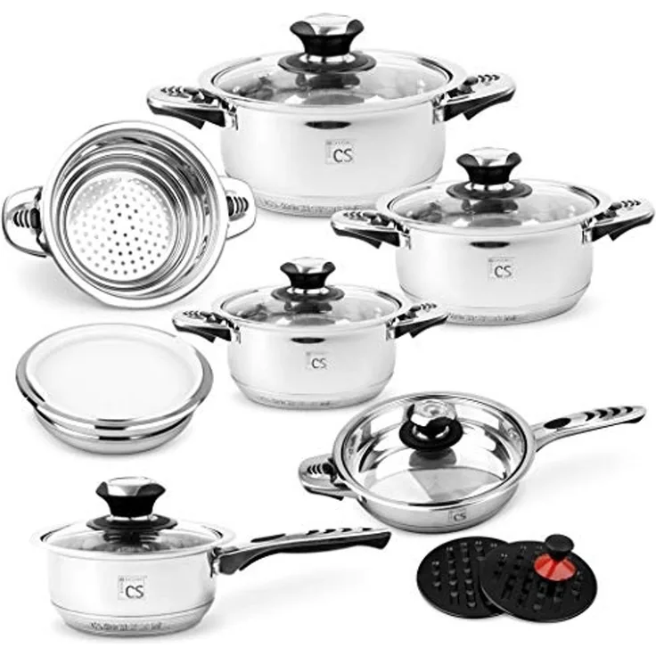 CS Koch-Systeme Topf-Set Aurich, Edelstahl (Set, 16-tlg, Bratentopf 16/20/24cm, Stieltopf 16cm, Pfanne 24cm, Einsatz, Schüssel), 16-teilig, Induktion