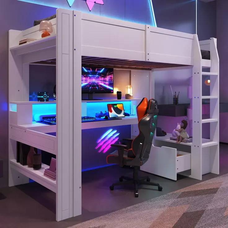 Hochbett mit LED-Beleuchtung und Schreibtisch, 90x200 cm, Kinderbett mit Rausfallschutz, Regal, Schubladen und Trittleiter, Jugendbett, Kiefer