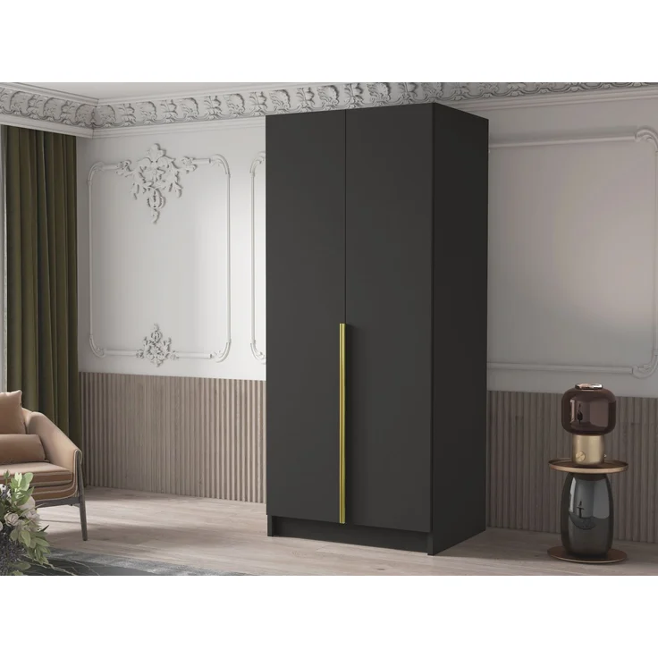 Drehtürenschrank Borton I, Kleiderschrank mit 2 Türen (Farbe: Schwarz / Schwarz + Gold) – Bild 3