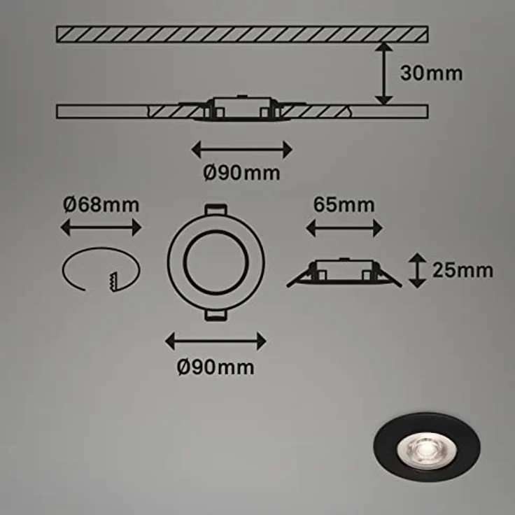 BRILONER Leuchten - 4er Set Einbauleuchten Decke, Dimmbar, LED Einbaulampen ultraflach, Einbaustrahler Bad, Badeinbaustrahler IP44, Schwarz-Matt, 90x25 mm (DxH) – Bild 8