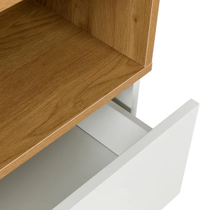 hjh LIVING Kommode mit 3 Schubladen, 1 offenes Fach MELMO K 80 x 40 x 100 cm Highboard Schrank im skandinavischen Stil, griffloses Design, Weiß/Eiche – Bild 6