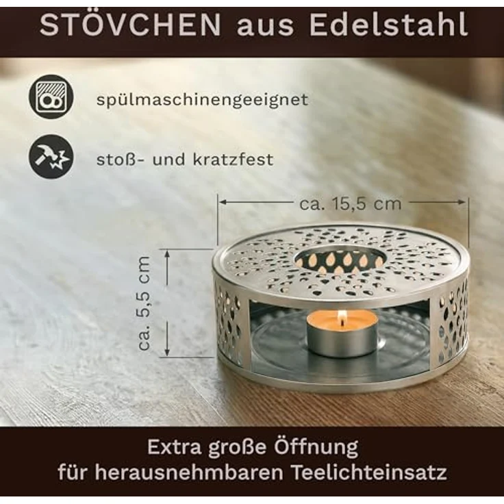 Creano Teekanne Creano Teekanne aus Glas 1,2l + ein Stövchen aus Edelstahl, 3-teilige, (Set, 4-St) – Bild 4