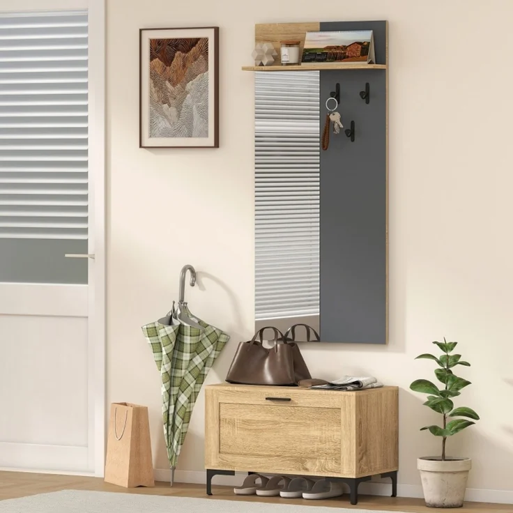 Garderobenset für Eingangsbereich, Schuhbank, Spiegel, 3 Haken, Offenes Regal, Flurmöbel, Naturholz+Grau – Bild 5