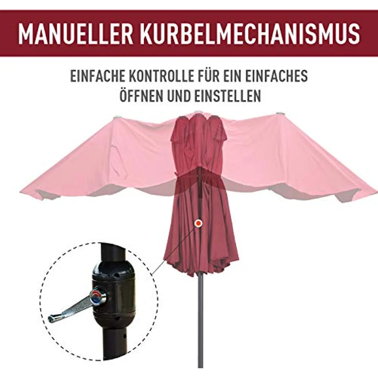 Outsunny Doppel-Sonnenschirm, Weinrot, Metall, 270x460 cm, stabiler Sonnen- & Sichtschutz mit Handkurbel – Bild 3
