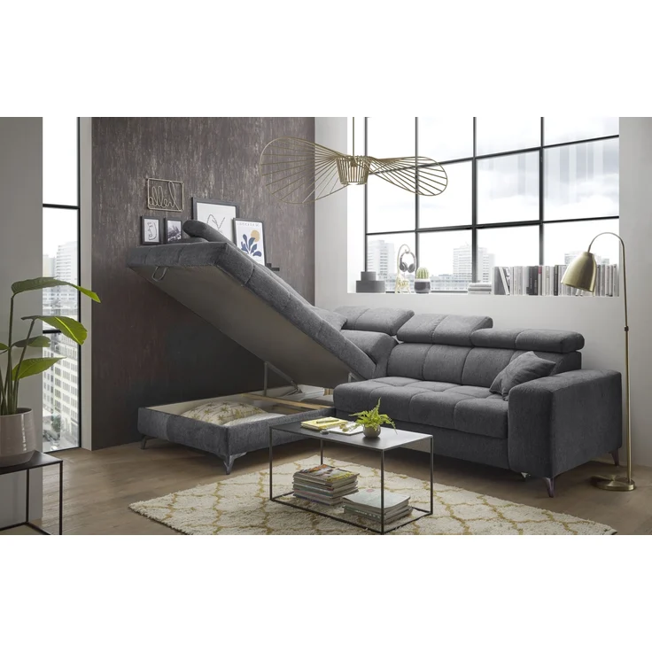 Ecksofa >SYDNEY< Elektrische Sitztiefenverstellung, 5 verstellbare Kopfstützen, Bettkasten, in anthrazit - 282x105x198 (BxHxT) – Bild 4
