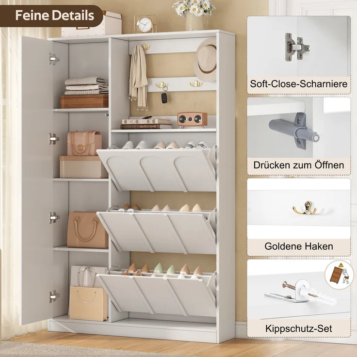 Garderobenschrank 100x24x164 cm in Weiß mit Spiegel, 3 Schuhklappen und Haken – Bild 9