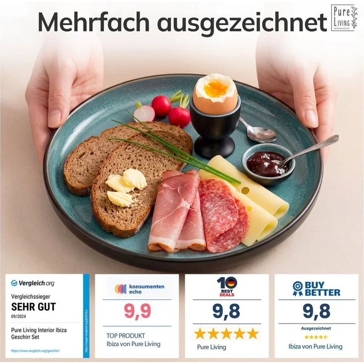 Steingut Frühstücksteller 6 Pers. Ibiza Hochwertiges Mediterranes TEST SEHR GUT Dessertteller Set - Kuchenteller spülmaschinen- und kratzfest - Kleine Teller, Salatteller Pure Living in Petrol – Bild 3