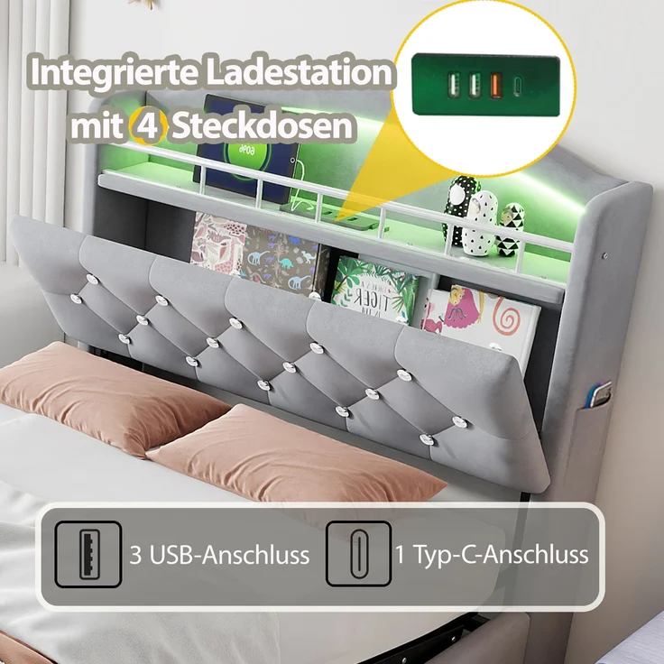 Kinder Polsterbett 90x200, Samt Einzelbett Multifunktionsbett mit Stauraum mit LED und USB Grau – Bild 7