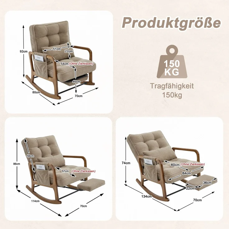 LVHOM Schaukelstuhl mit ausziehbarer Fußstütze, Relaxsessel mit verstellbare Rückenlehne, Loungesessel mit Seitentasche, bis 150 kg belastbar, Khaki – Bild 6