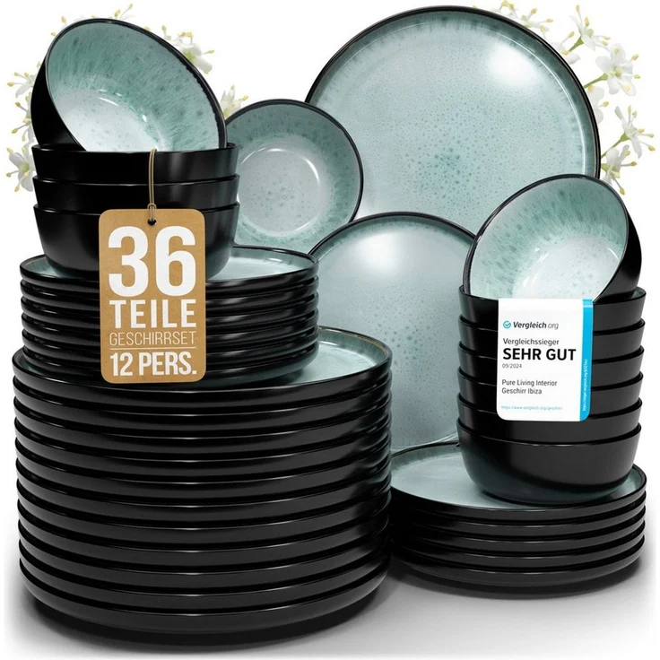 Steingut Geschirrset 12 Pers. Ibiza 36-tlg Hochwertiges Mediterranes TEST SEHR GUT Steingut Geschirr Set - Schüssel- und Teller Set - Tafelservice 12 Personen Geschirrsets Pure Living in Salbeigrün – Bild 1