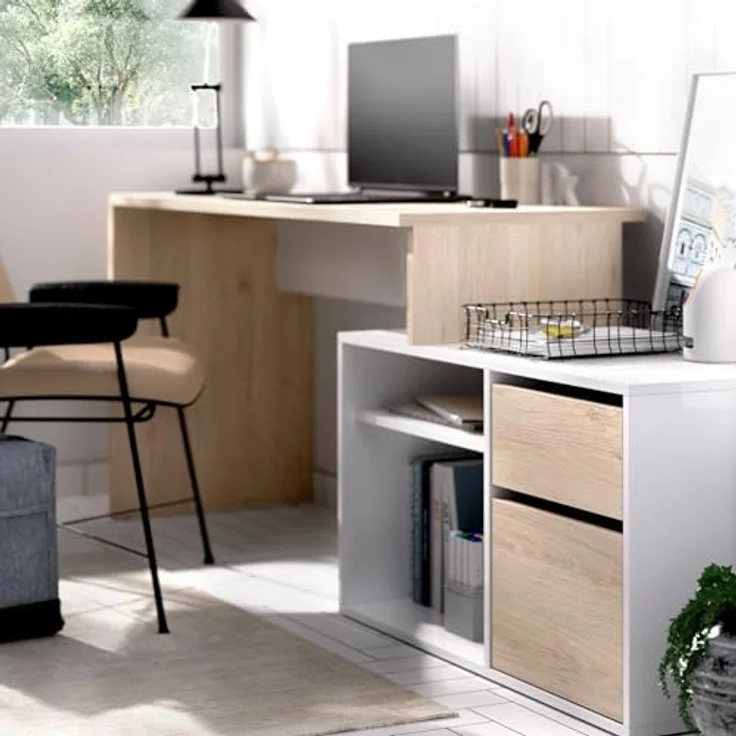 Dmora - Gardena-Schreibtisch, Schreibtisch mit Mehreren Positionen für das Büro oder Schlafzimmer, Mehrzweck-Ecktisch, 139 x 92 x 75 cm, Weiß und Eiche – Bild 7