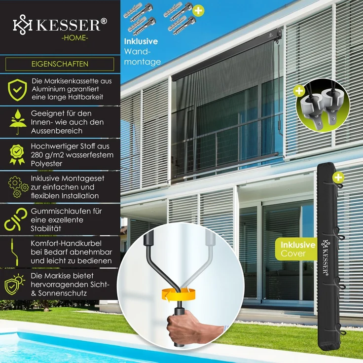 KESSER® Senkrechtmarkise Außenrollo Handkurbelmechanismus Balkonrollo Sonnen-und Sichtschutz, Beschattung Sonnenschutz Außen Rollo mit Kurbel Markisenkasten, Balkon und Terrasse 200x250 cm, Transparent / Anthrazit – Bild 2