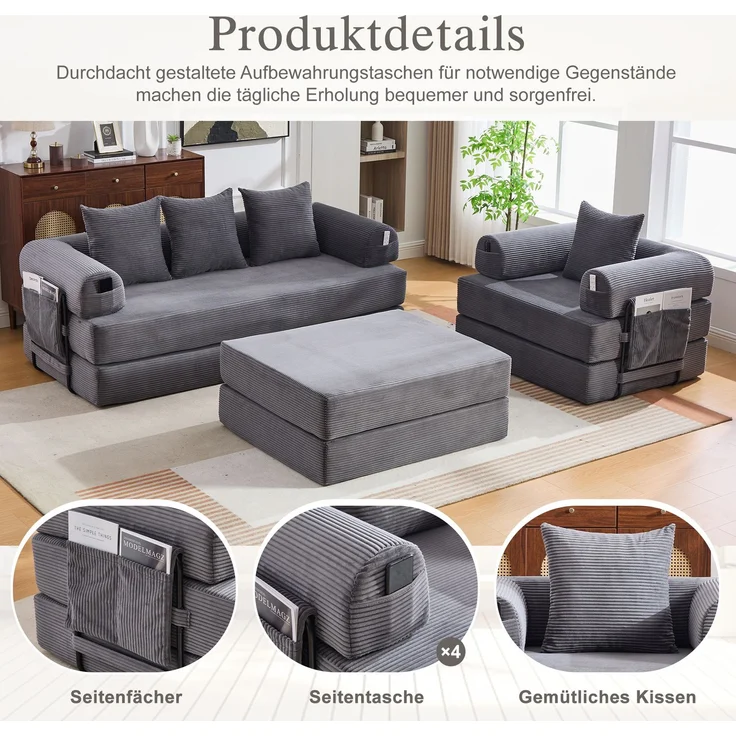 Modulares 4-Sitzer-Sofa 200x190x67 cm mit Sessel und Hocker – Cordbezug, Dunkelgrau – Bild 8