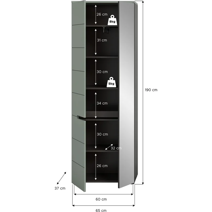 Garderobenschrank (B/H/T: 190x65x37 cm) in Smoke Green Nachbildung – Bild 4