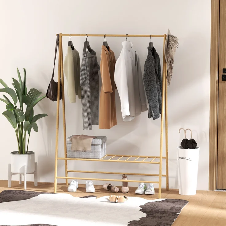 Garderobenständer 116x43,5x160 cm aus Bambus, mit Kleiderstange, 2 Haken und Schuhablage – Bild 2