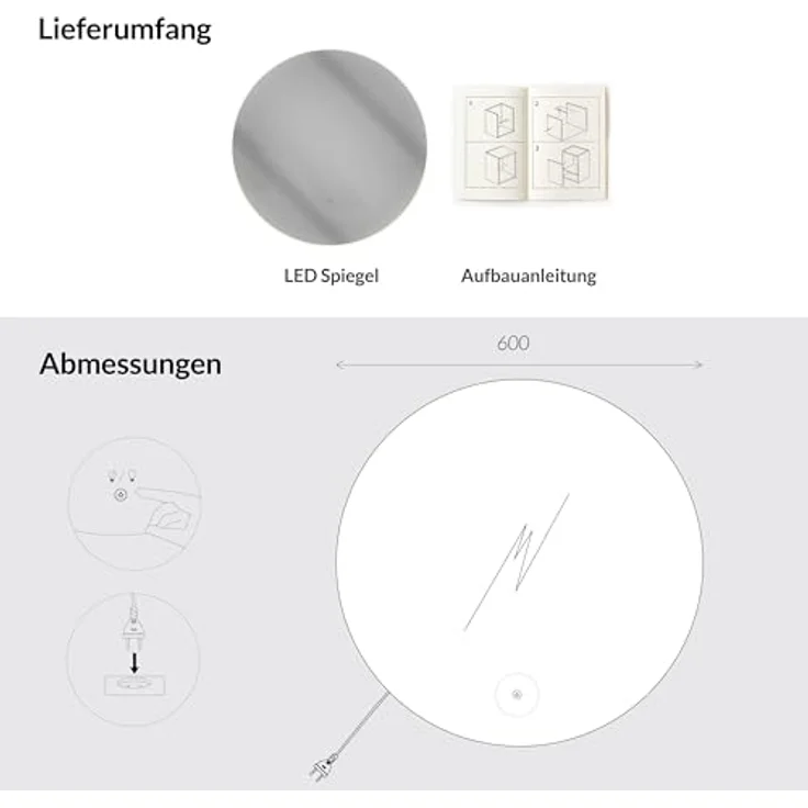 Planetmöbel Dekospiegel NOVA, runder Wandspiegel mit LED-Beleuchtung, Touch-Funktion, dimmbar, 60 cm, 4200K – Bild 6