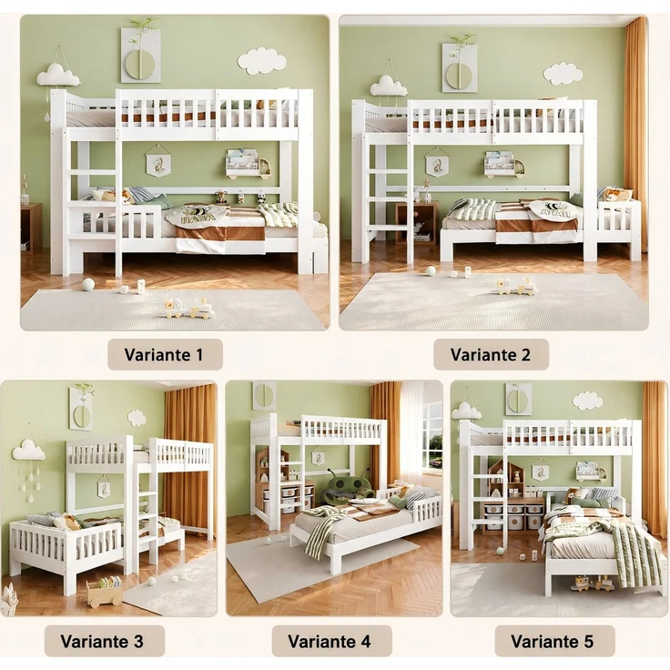 Abrihome Modulares Massivholz Kinderbett-Set 90x200 cm, Hochbett+Einzelbett, Weiß, Absturzsicherung – Bild 8