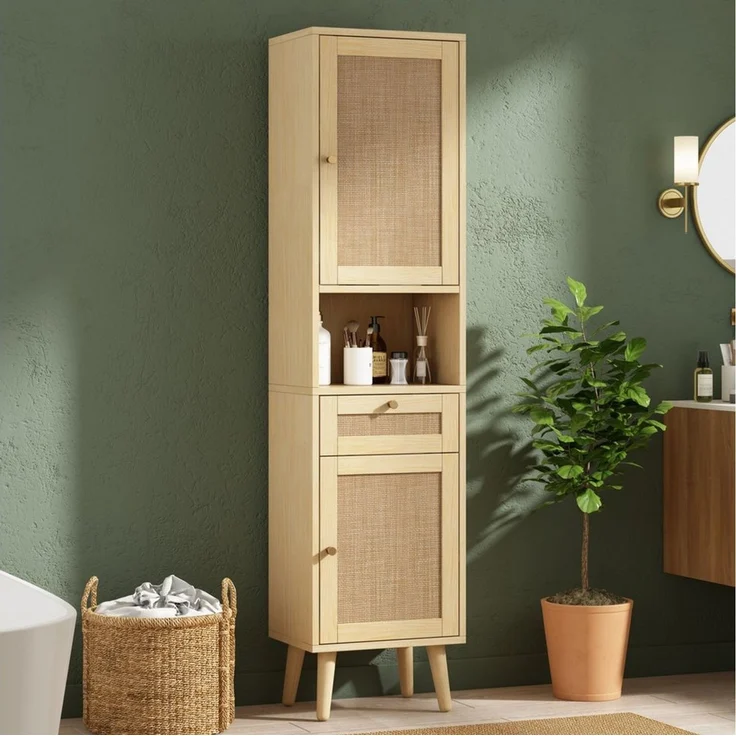Flieks Badkommode schmal Hochschrank mit Rattan-Türen und Schubladen, Massivholzbeine (Türanschlag rechts oder links wechselbar, 1 St, 40×30×166 cm), Badezimmerschrank Multifunktionsschrank Soft-Close-Funktion Natur – Bild 2