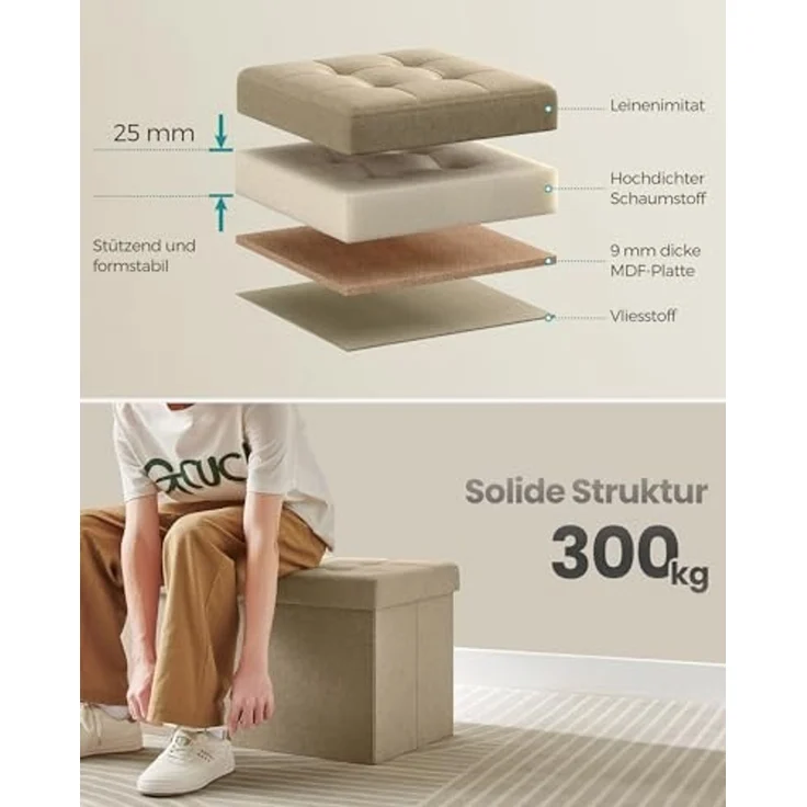 Songmics Sitzbank mit Stauraum, klappbare Sitztruhe, Aufbewahrungsbox, 38 x 76 x 38 cm, Deckel klappbar, bis 300 kg belastbar, für Flur, Wohnzimmer, Schlafzimmer, Kamelbraun LSF046K01 – Bild 4