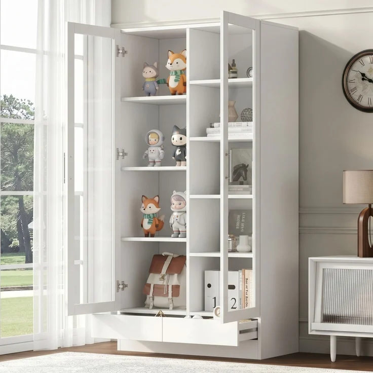 Vitrinenschrank 80 x 40 x 160 cm mit Glastüren, Schublade und versetzten Fächern – Weiß – Bild 2