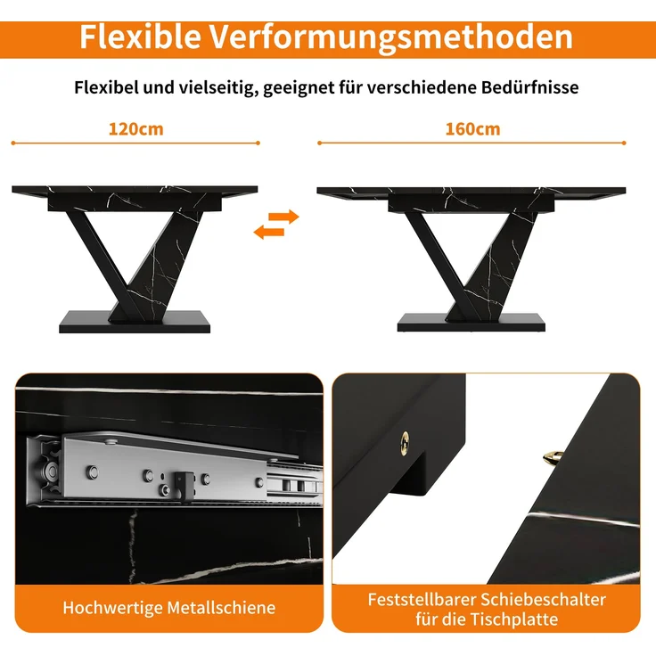 Esstisch ausziehbar 120–160x75x75,5 cm, stilvoller Tisch mit Marmor-Dekorplatte, stabilem Metallrahmen für Küche & Wohnzimmer, 75.5cmx120-160cmx75cm, Schwarz – Bild 6