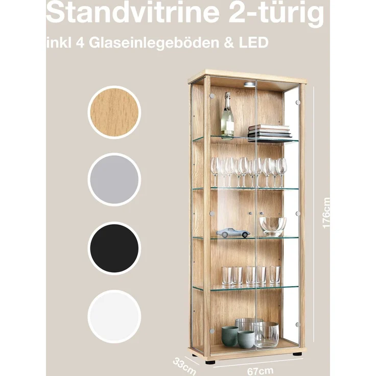 K-Mbel Vitrinenschrank 2-trig (176x67x33cm) - Made in Germany - Standvitrine Buche mit 4 hhenverstellbaren Glasbden & LED - Glasvitrine Stehend - Vitrine Glas - Display Cabinet – Bild 3