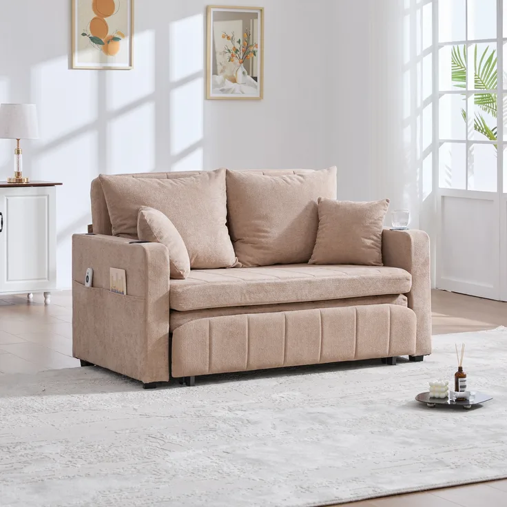 Multifunktionales Stoffsofa Klappbares Ausziehsofa Kleines Wohnzimmersofa mit zwei Funktionen, Abnehmbar und waschbar, Mit Aufbewahrungstasche, Mit USB-Ladefunktion, Mit Becherhalter