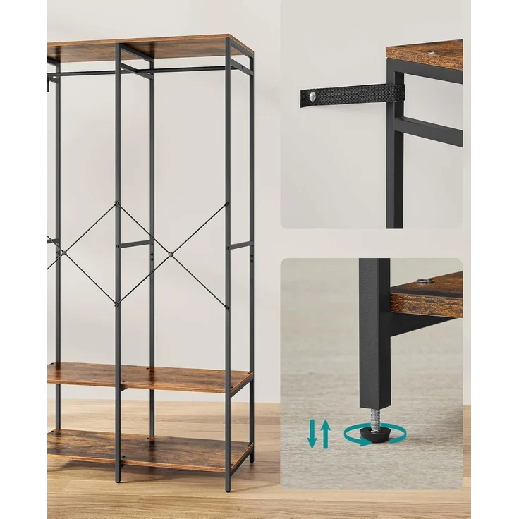 SONGMICS Kleiderschrank offen, Kleiderständer, Garderobenständer, Garderobe mit Kleiderstange, Ablagen, abnehmbare Haken, 40 x 94,5 x 180 cm, vintagebraun RGR004B01 – Bild 4