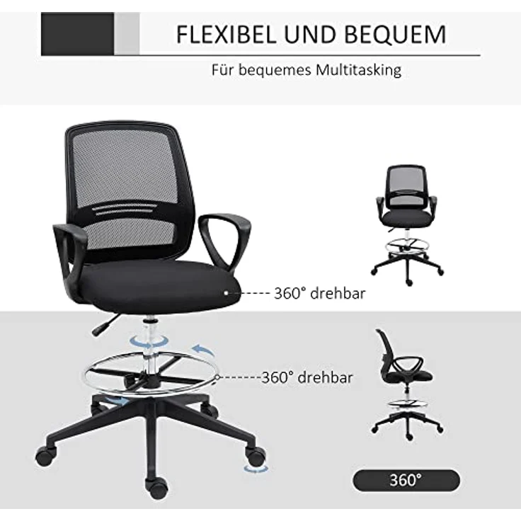 Vinsetto Drehstuhl, Schwarz, mit atmungsaktivem Netzgewebe, individuell einstellbarer Sitzhöhe und dick gepolstertem Sitz, L59,5 x T60 x H102,5–126 cm – Bild 7