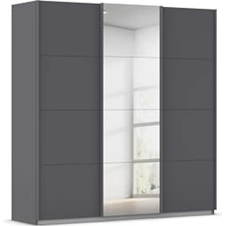 Rauch Möbel Kulmbach, Kleiderschrank mit Schwebetüren für Schlafzimmer, Kinderzimmer, Jugendzimmer, Garderobe, Flur, 3-türig, mit Spiegel, Zubehör Basic, Farbe Grau metallic, Schwarz, Breite 203 cm – Bild 1