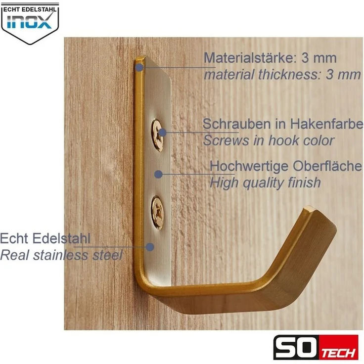 SO-TECH® Kleiderhaken Wandhaken, aus Edelstahl, 60 x 20 x 45 mm, (1-St), kleiner Jackenhaken mit abgerundeten Kanten gelb – Bild 3