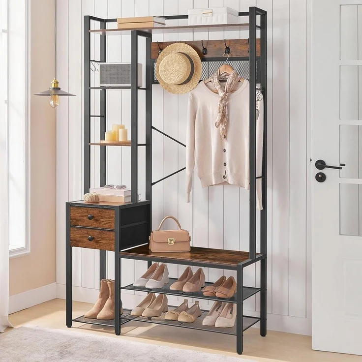 Hoobro Garderobenständer mit Schuhbank, (Schuhregal mit Garderobe, Eingangsmöbel mit Haken und Schubladen aus Vliesstoff), Garderobe mit Sitzbank, für Wohnzimmer, Flur – Bild 1
