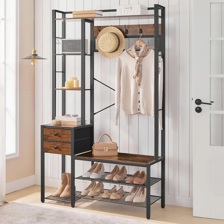 Hoobro Garderobenständer mit Schuhbank, (Schuhregal mit Garderobe, Eingangsmöbel mit Haken und Schubladen aus Vliesstoff), Garderobe mit Sitzbank, für Wohnzimmer, Flur
