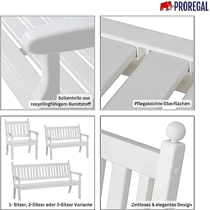 PROREGAL Gartenbank Aruba 3-Sitzer, witterungsbeständig in Weiß, HxBxT 88 x 160 x 69 cm, UV-beständiger Kunststoff, stabile Parkbank mit Rücklehne – Bild 4