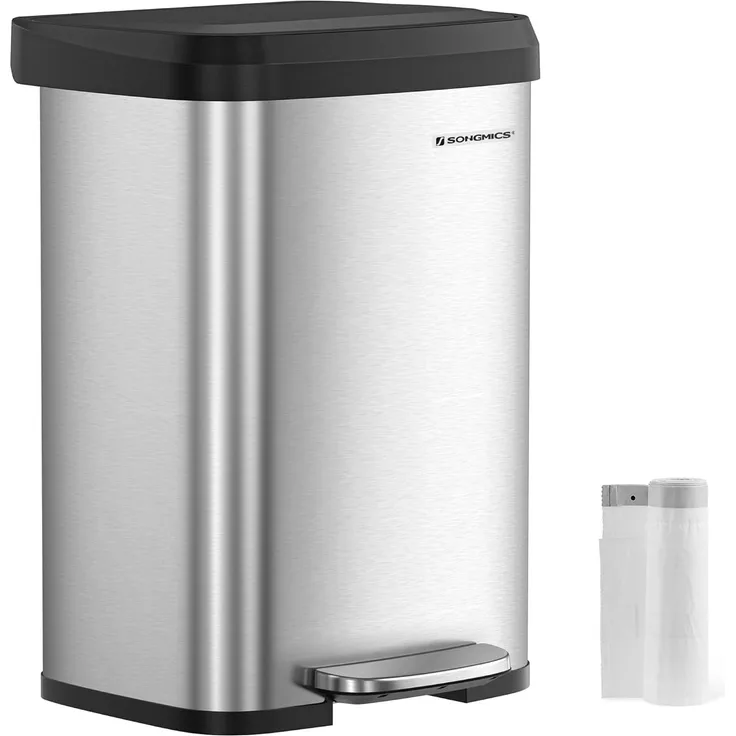 Songmics Tretmülleimer mit Deckel, Metall, 50 Liter, Silber