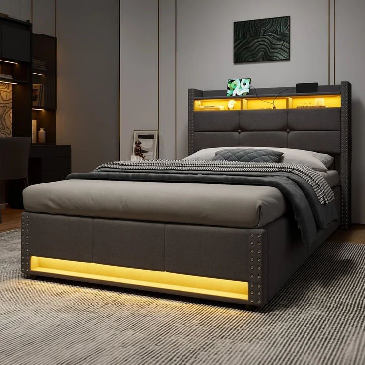 Einzelbett 90x200 cm mit LED-Beleuchtung, Ladefunktion und hydraulischem Stauraum – ohne Matratze – Bild 3