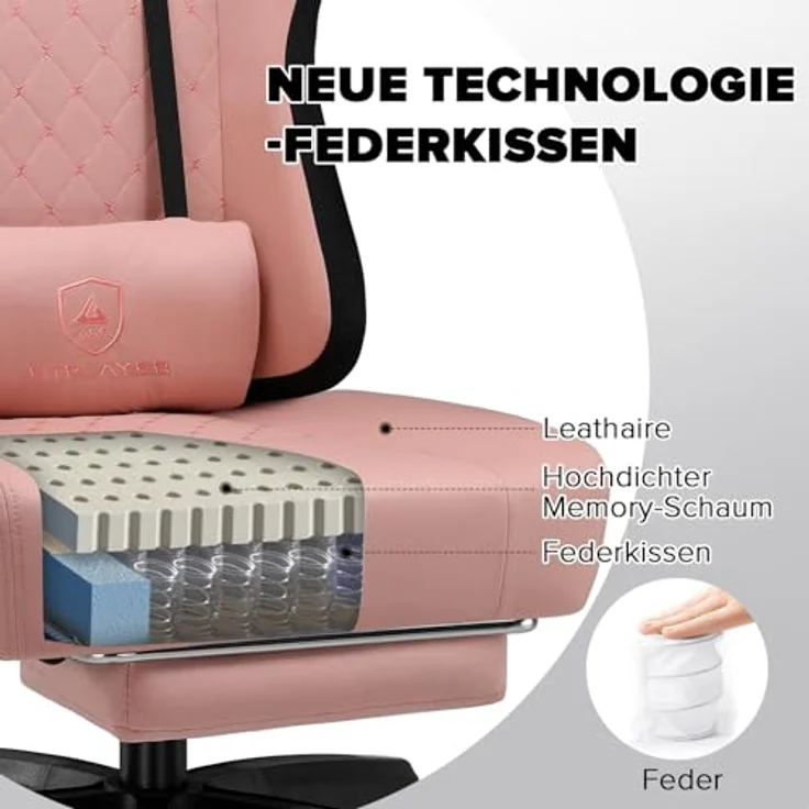 GTPLAYER Gaming Stuhl, Gamer Stuhl, Ergonomischer Bürostuhl COMHOMA Serie mit Fußstütze verstellbare Lenden und Kopfkissen, Gaming Chair Gepolstert, Gaming Sessel 150kg Belastbarkeit weiß – Bild 6