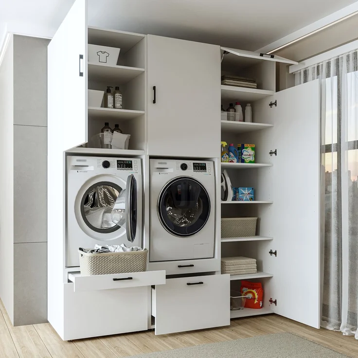 Roomart Waschmaschinenschrank Doppelschrank – SERIE 2 – 194 cm breit, Überbauschrank für Waschküche & Hauswirtschaftsraum – mit Ausziehbrett & Schubladen – • Weiß – Bild 3