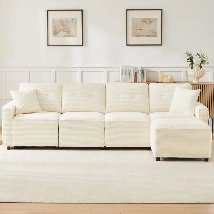 4-Sitzer Wohnlandschaft B 280 x T 146 x H 85 cm aus Cord mit Stauraum und flexiblem Hocker – Bild 4