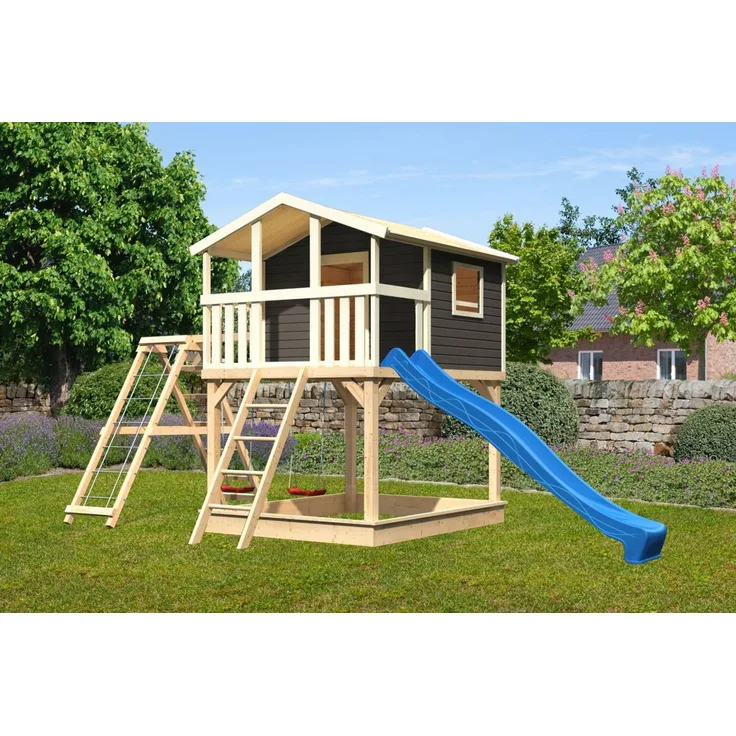 Stelzenhaus Benjamin terragrau mit Kletterschaukel und Rutsche blau