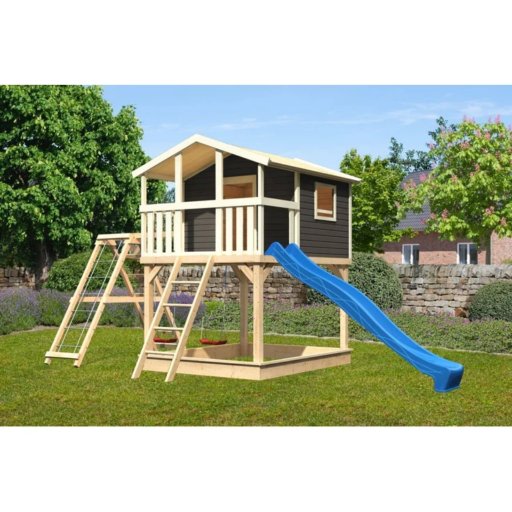 Stelzenhaus Benjamin terragrau mit Kletterschaukel und Rutsche blau