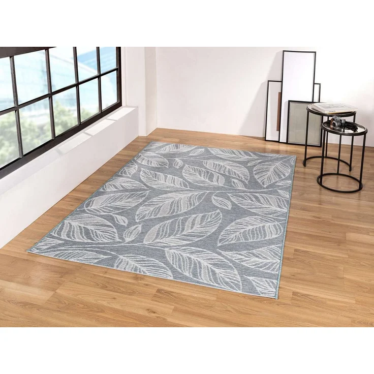 TaraCarpet Teppich In & Outdoor Teppich Newton 96014 Blatt, rund, Höhe: 3 mm, Sisal optik blau Wohnzimmer Terrasse Garten Balkon Küche 120x120 cm – Bild 1