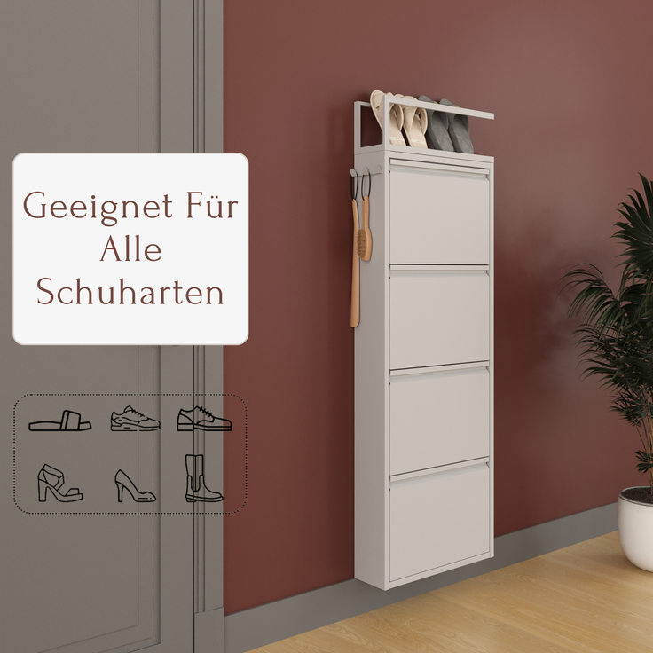 Schuhkipper mit Zubehör, Grau, 4 Klappen 52x15x151 cm, Pantoffelregal, Hakenleiste – Bild 2