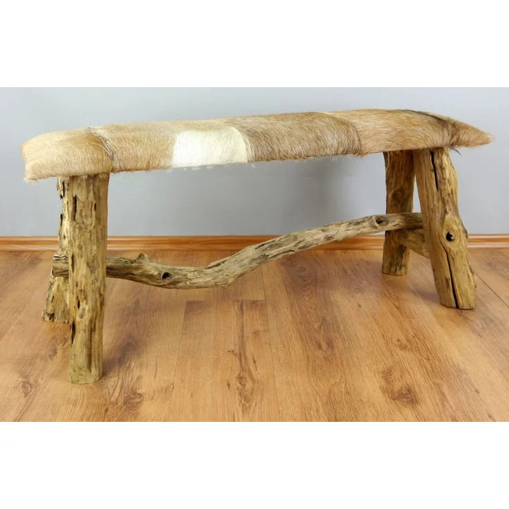 livasia Essbank Ziegenfell - 100x27x42cm - Leder und Massivholz Sitzbank aus Java, handgefertigt – Bild 3