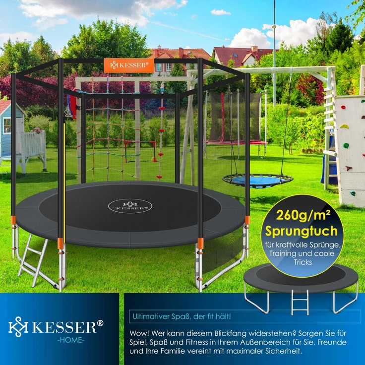 KESSER® - Trampolin | TÜV Rheinland GS Zertifiziert | Komplettset mit Sicherheitsnetz, Leiter, Randabdeckung, Seitentasche & Zubehör | Kindertrampolin Gartentrampolin Belastbarkeit 150 kg Orange, 427 cm – Bild 4