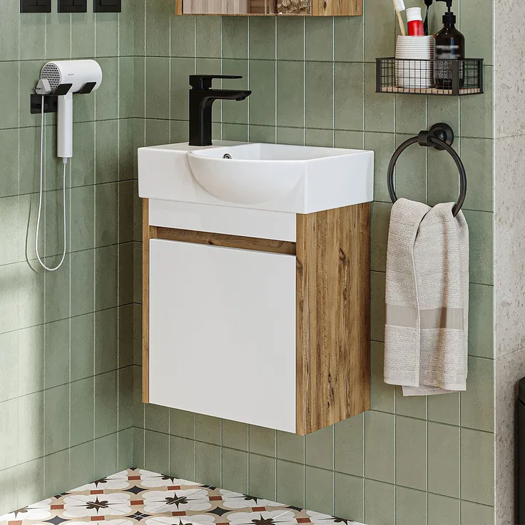 Roomart LEO Badmöbel Set– 2-teiliges Badezimmermöbel Set - Waschbecken mit Unterschrank - H 45 x B 24.5 x T 46.5 cm • Weiß-Eiche