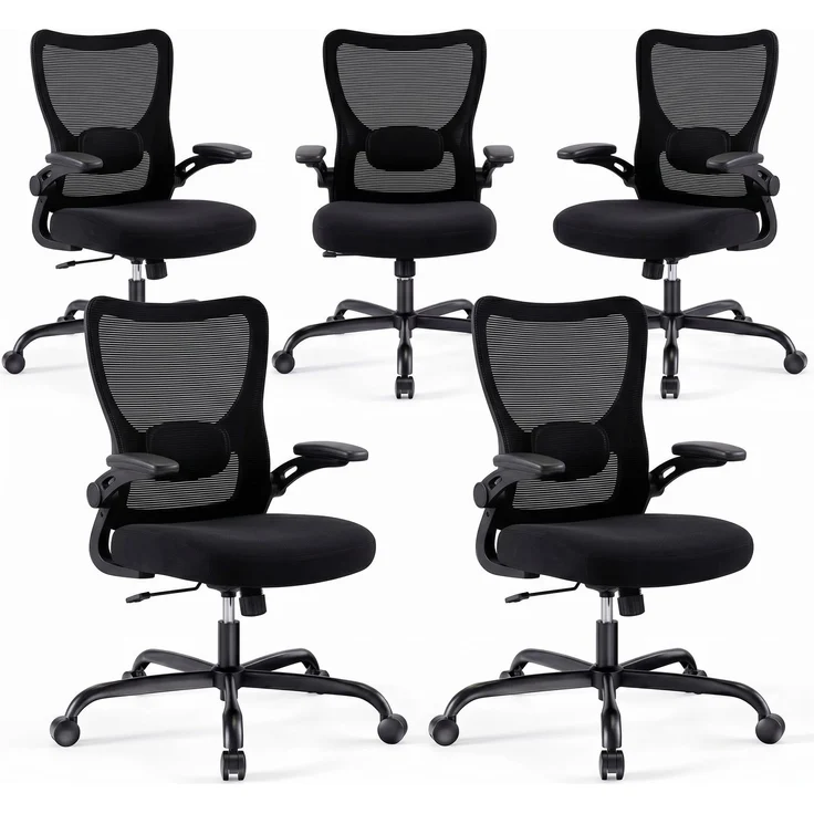 Marsail Bürostuhl Ergonomisch, Schreibtischstuhl mit 3D PU Armlehnen und Verstellbarer Lendenwirbelstütze, Drehstuhl Höhenverstellung und Wippfunktion, schreibtischstuhl aus Mesh, Bis 136kg,5pcs