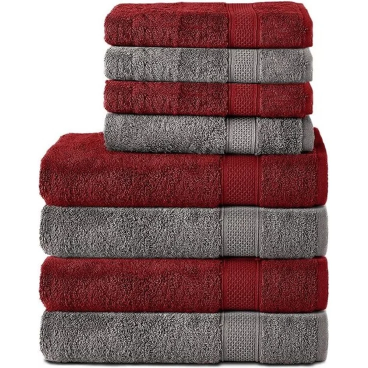 Komfortec 8er Handtuch Set aus 100% Baumwolle, 4 Badetücher 70x140 und 4 Handtücher 50x100 cm, Frottee, Weich, Towel Groß, Anthrazit Grau/Aurorarot – Bild 4