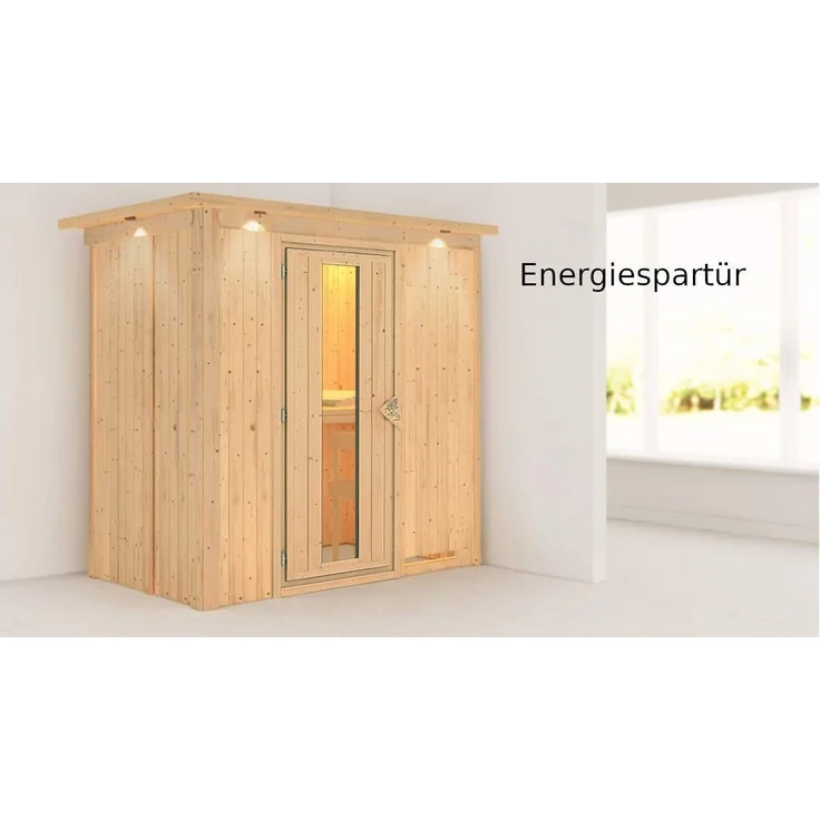 Karibu Sauna Variado mit Dachkranz + 9kW Saunaofen mit integr. Steuerung Bronzierte Ganzglastür – Bild 4